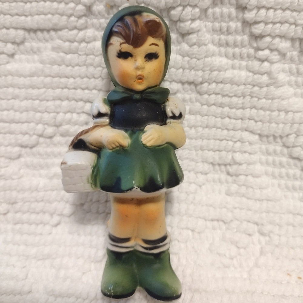 Vintage Girl Figurine Ornament Green Dress Basket Made in Hong Kong